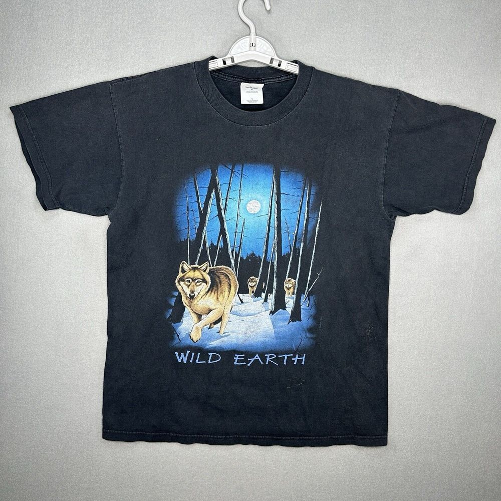 Wild Earth Wolf T-Shirt Mens Large Black Animal Print Cotton Classic Comfort‎